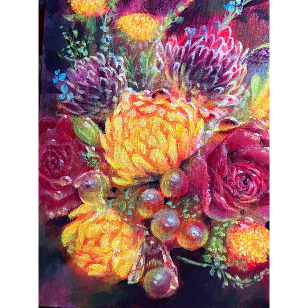 hummingbird Original Floral Painting bumblebees Bouquet Roses Signed Artettina - Picture 7 of 8